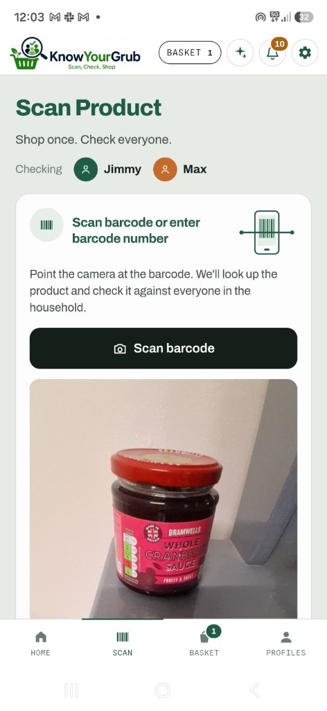 KnowYourGrub app scanning a product against household profiles